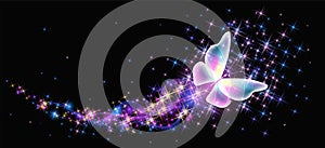 Flying butterfly with sparkle and blazing trail flying in night sky among shiny glowing stars in cosmic space. Animal protection