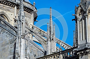 The flying buttresses on east facade of Notre Dame de Paris