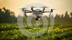 a flying camera drone hovering over a field of crops and a sunset