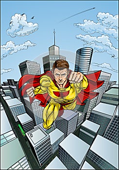 Flying Caped Superhero City Scene