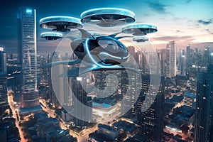 Flying car in sky. Electric air car flight above a cityscape.