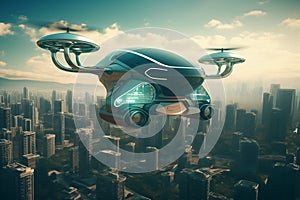 Flying car in sky. Electric air car flight above a cityscape