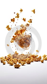 Flying caramalized popcorn isolated on a white background. Generative AI photo