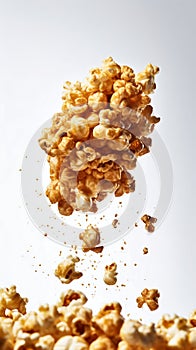 Flying caramalized popcorn isolated on a white background. Generative AI photo