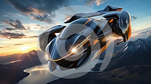 Flying cars with anti-gravity and energy: high-tech autos soaring through the air with bright trace