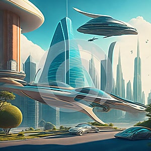 Flying cars in futuristic city. Modern architecture. ecological city