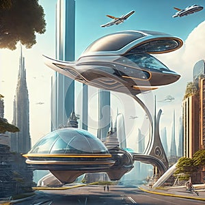 Flying cars in futuristic city. Modern architecture. ecological city