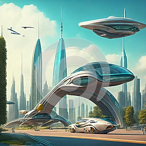 Flying cars in futuristic city. Modern architecture. ecological city