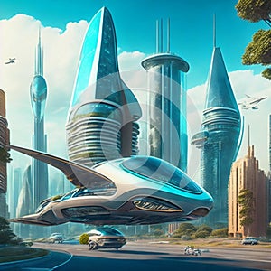 Flying cars in futuristic city. Modern architecture. ecological city