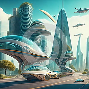 Flying cars in futuristic city. Modern architecture. ecological city