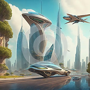 Flying cars in futuristic city. Modern architecture. ecological city