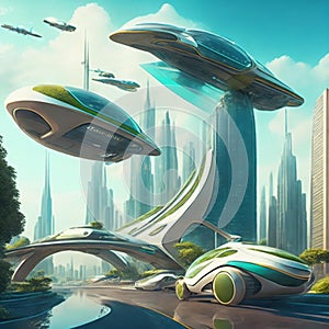 Flying cars in futuristic city. Modern architecture. ecological city