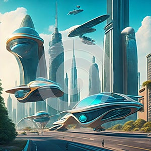 Flying cars in futuristic city. Modern architecture. ecological city