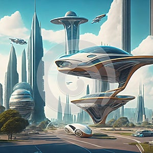 Flying cars in futuristic city. Modern architecture. ecological city