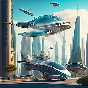 Flying cars in futuristic city. Modern architecture. ecological city