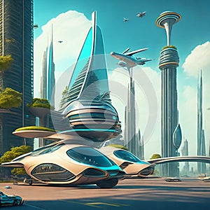 Flying cars in futuristic city. Modern architecture. ecological city