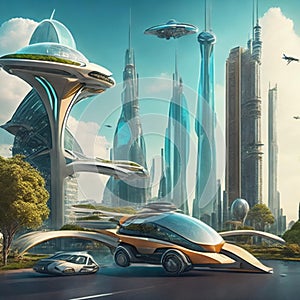 Flying cars in futuristic city. Modern architecture. ecological city