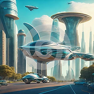 Flying cars in futuristic city. Modern architecture. ecological city