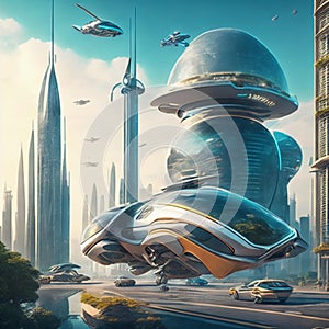 Flying cars in futuristic city. Modern architecture. ecological city