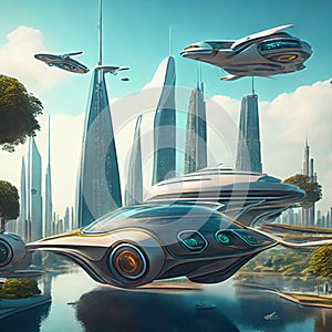 Flying cars in futuristic city. Modern architecture. ecological city