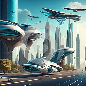 Flying cars in futuristic city. Modern architecture. ecological city