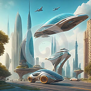 Flying cars in futuristic city. Modern architecture. ecological city