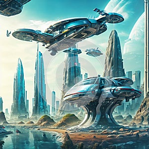 Flying cars in futuristic city. Modern architecture. ecological city