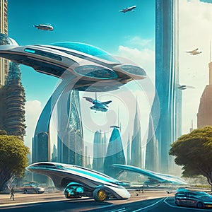 Flying cars in futuristic city. Modern architecture. ecological city