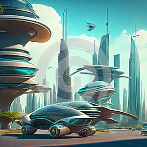 Flying cars in futuristic city. Modern architecture. ecological city