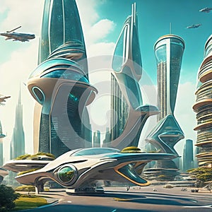 Flying cars in futuristic city. Modern architecture. ecological city