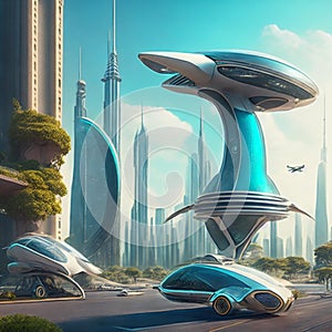 Flying cars in futuristic city. Modern architecture. ecological city