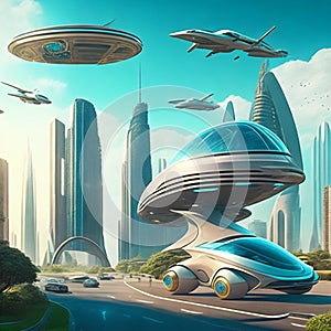 Flying cars in futuristic city. Modern architecture. ecological city