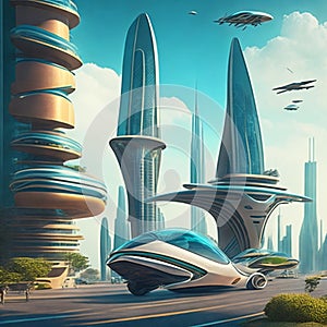 Flying cars in futuristic city. Modern architecture. ecological city