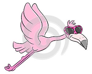 Flying cartoon flamingo with sunglasses