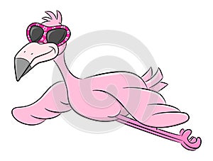 Flying cartoon flamingo with sunglasses