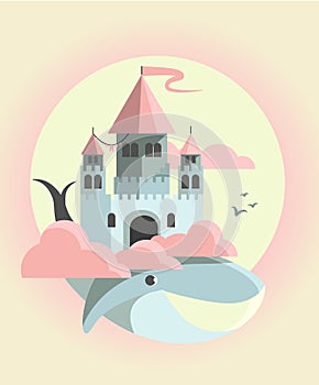 Flying castle in the morning on a whale in the clouds