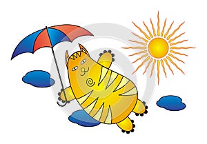 A flying cat with an umbrella in the sky against a background of clouds and sun. Vector.