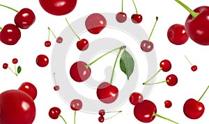 Flying cherry isolated on a white background. Falling red cherry berries. Berry fly pattern