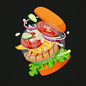 Flying chicken burger separated into layers showing all ingredie