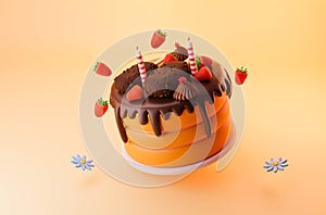 Flying chocolate cake  birthday and celebration concept  with red strawberries , dark cocoa ice creams nuts toppings 3d rendering