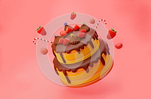 Flying chocolate cake celebration  with red strawberries macaroons toppings and candy cane element