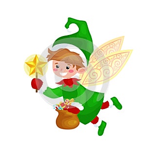 Flying Christmas elf with wings and magic wand star in a green suit bag of sweets, assistant Santa Claus
