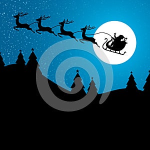 Flying Christmas Sleigh At Night With Moon Forest Blue Background