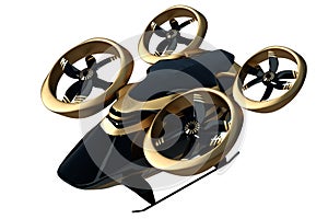 Flying city transport, urban electric car drone Isolated on a white background. Car with propellers, clean air. 3D illustration,