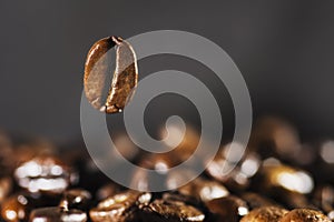 Flying coffee bean over dark