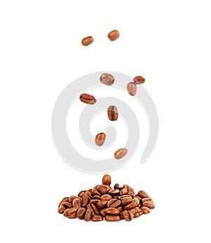 Flying coffee beans isolated on white background photo