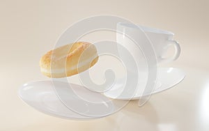 Flying coffee cup with saucer and golden doughnut mock up banner. Confectionery pastry for breakfast or sweet round