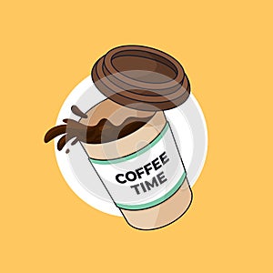 Flying coffee cup with spilled coffee vector outline illustration cartoon style flat design