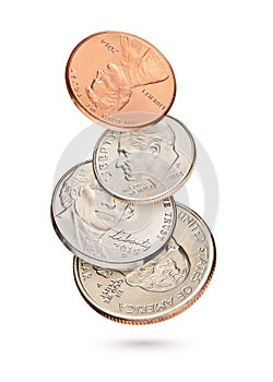 Flying coin stack with US cents isolated in white background