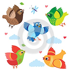 Flying Colorful Birds. Vector Birds. Set Cartoon Illustration.